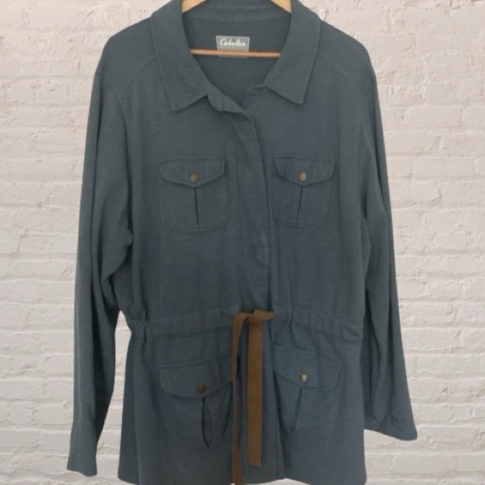 Cabela's cotton snap front Jacket w/ suede tie belt 2XL Blue